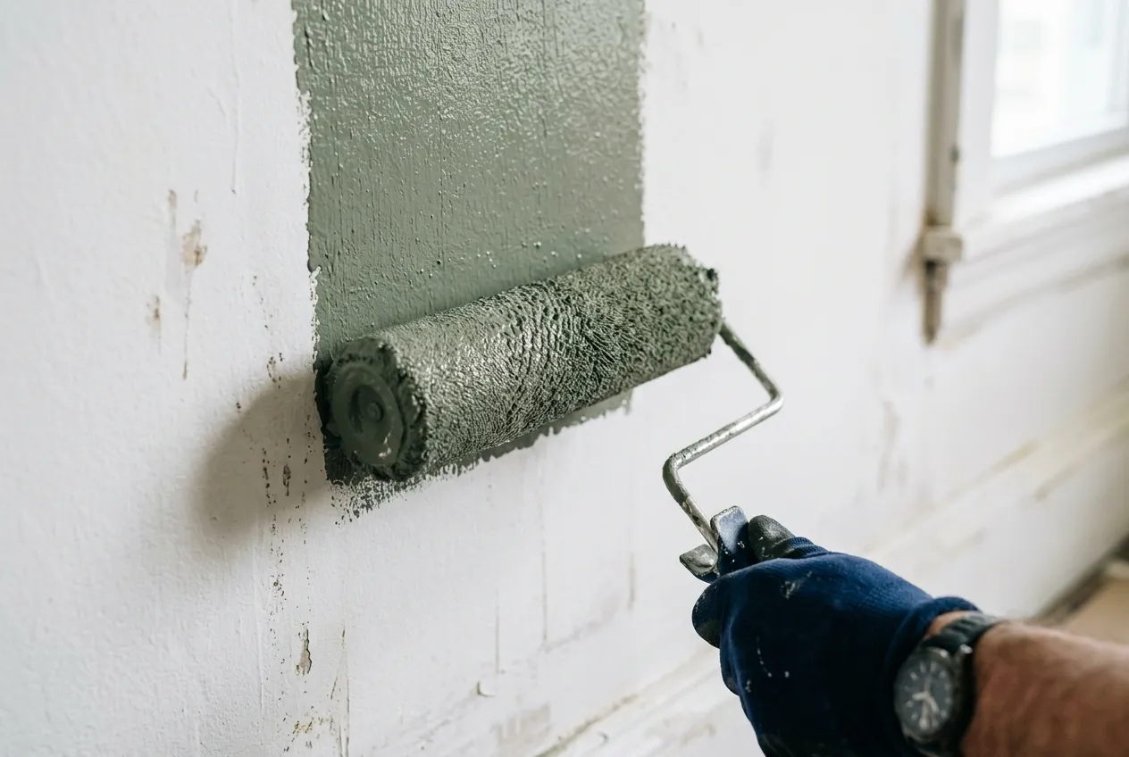 Rodillo cubriendo una pared blanca con una primera mano de pintura gris