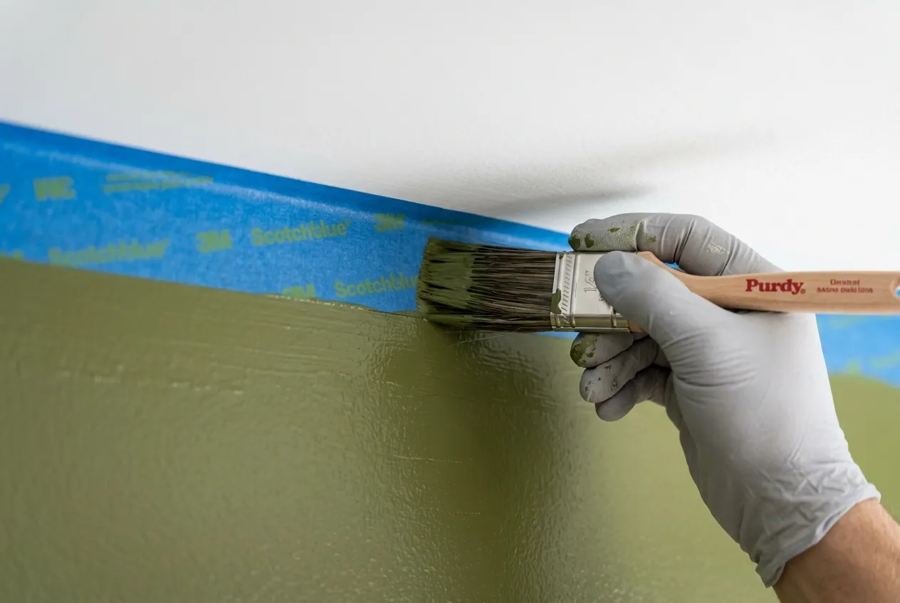 Rodillo pintando de verde una pared con el borde superior protegido con cinta de enmascarar