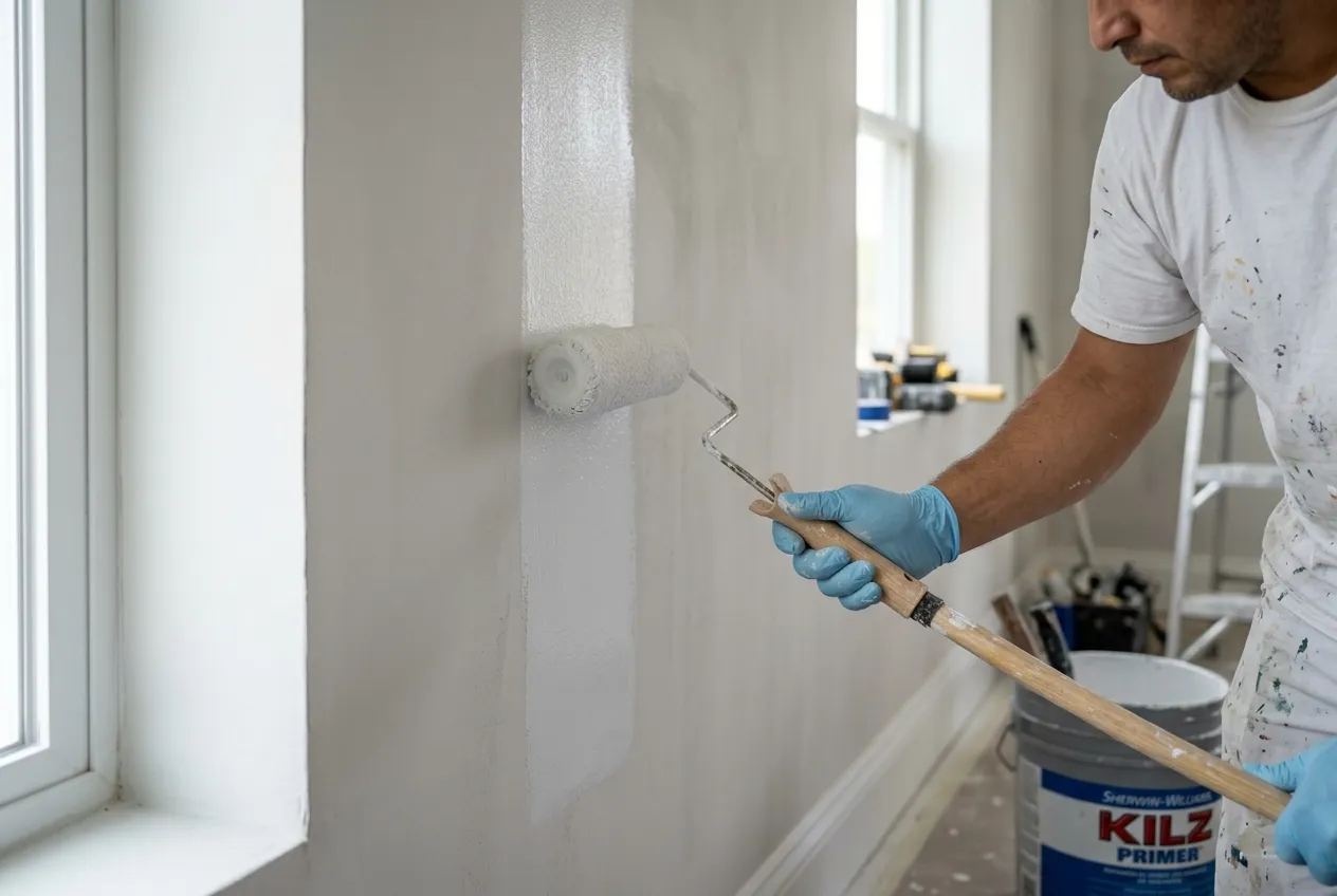 Aplicación de imprimación con rodillo sobre una pared recién alisada, con la ventana protegida con plástico