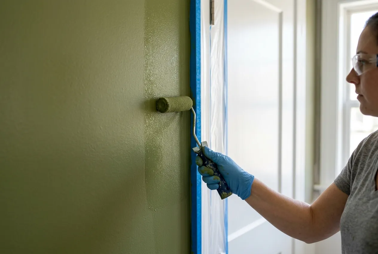Pintor rematando con minirodillo el borde de una pared verde junto a la carpintería