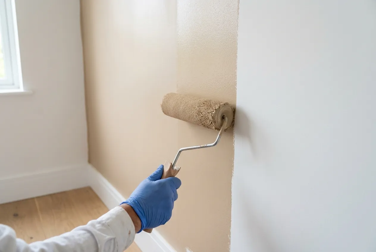 Pintor aplicando una mano de acabado con rodillo sobre una pared lisa